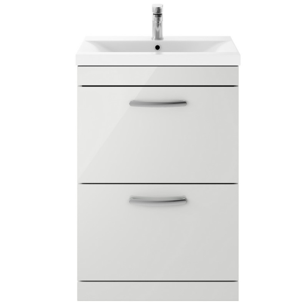 Nuie Athena 600mm Gloss Grey Mist Floor Standing Drawer Vanity Unit with Basin