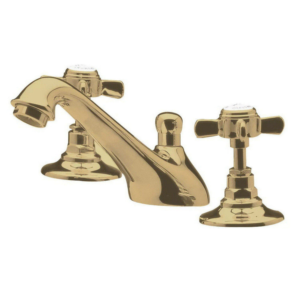 Nuie Beaumont Brushed Brass Three Tap Hole Basin Mixer with Waste