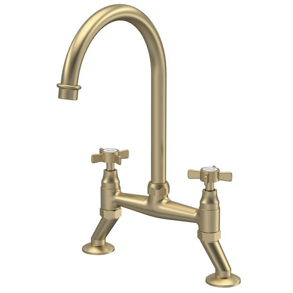 Nuie Bridge Sink Mixer with Crosshead Handles in Brushed Brass