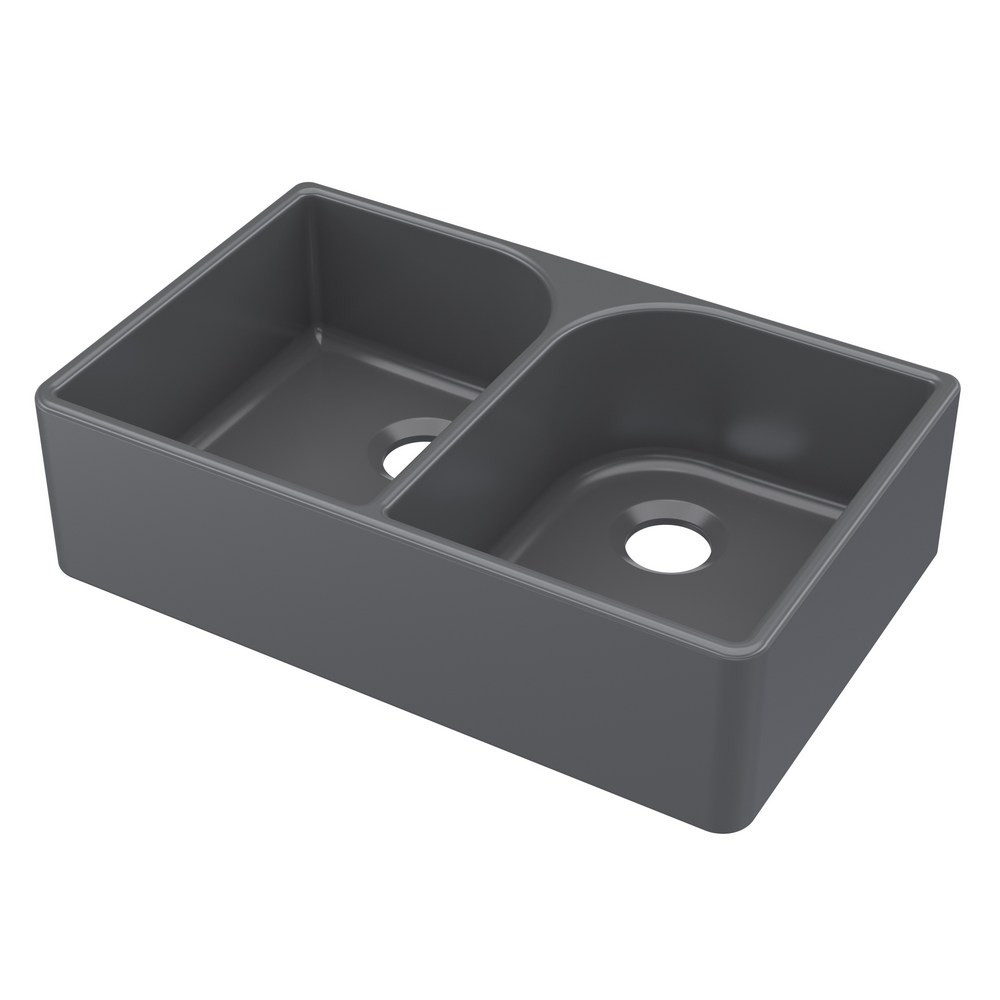 Nuie Butler 795 x 500mm Matt Black Fireclay Full Weir Double Kitchen Sink
