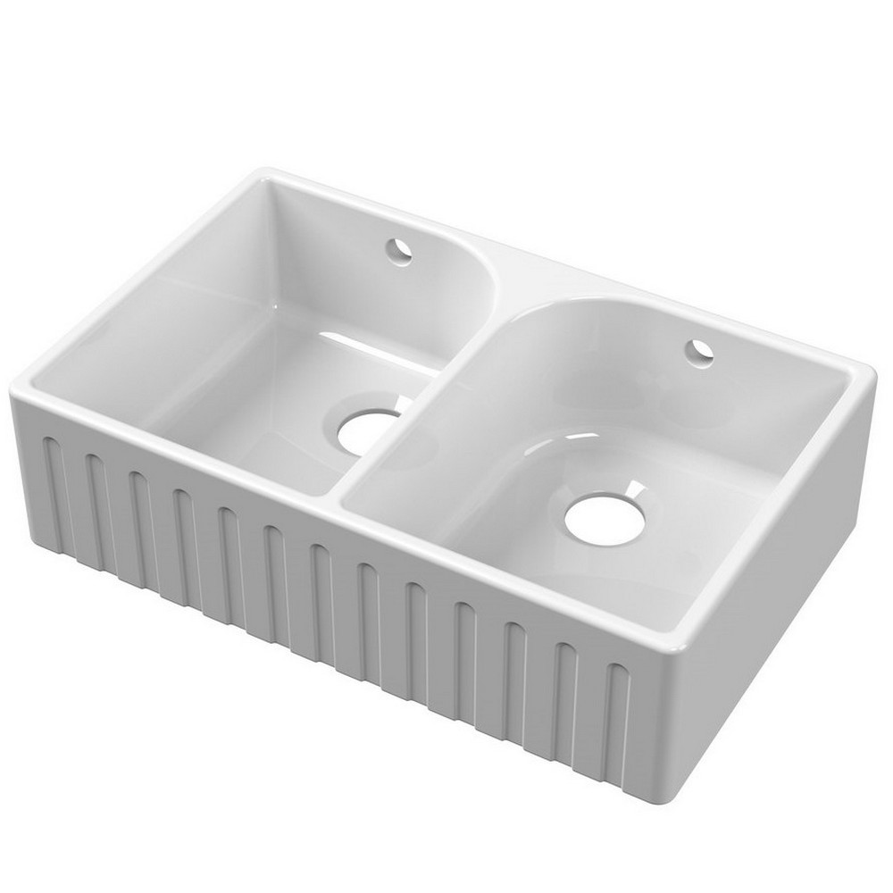 Nuie Butler 795 x 500mm White Fireclay Deco Full Weir Double Kitchen Sink