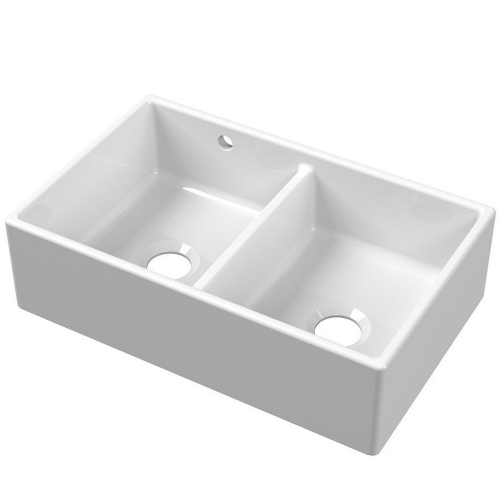 Nuie Butler 795 x 500mm White Fireclay Stepped Weir Double Sink with Overflow