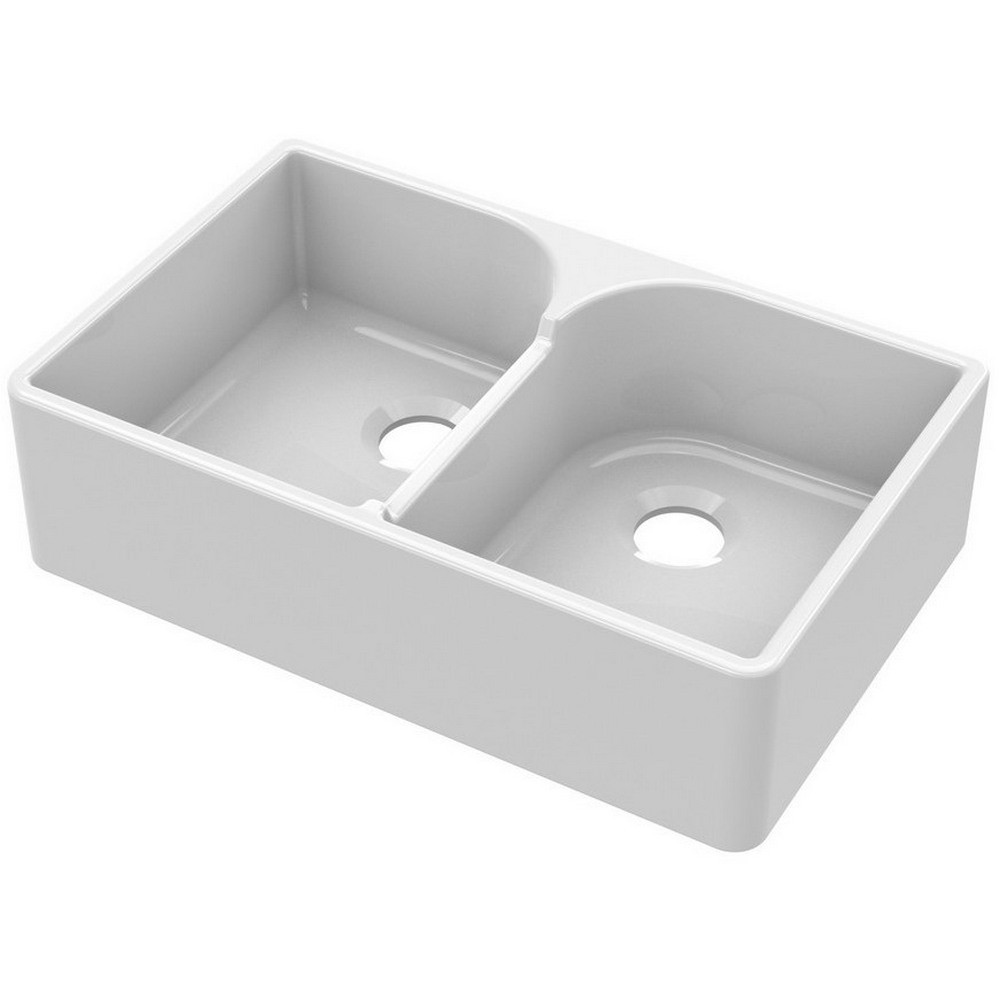 Nuie Butler 795 x 500mm White Fireclay Stepped Weir Double Kitchen Sink (1)