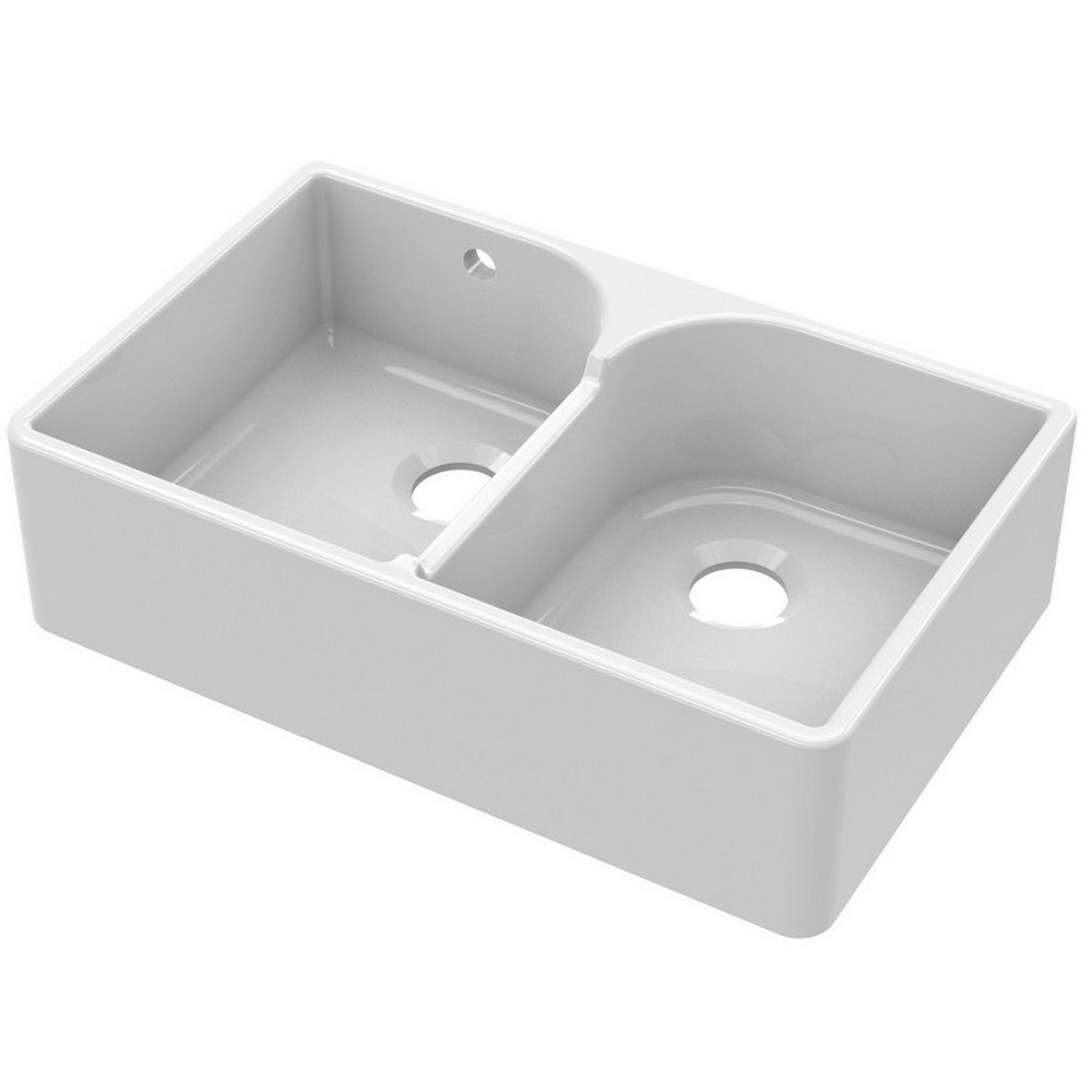 Nuie Butler 795 x 500mm White Fireclay Stepped Weir Double Sink & Overflow (1)