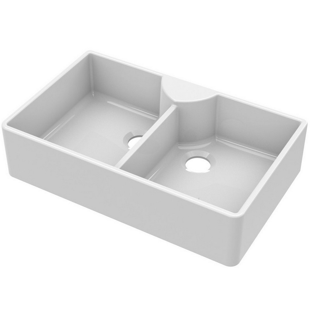 Nuie Butler 895 x 550mm White Fireclay Stepped Weir Double Kitchen Sink (1)