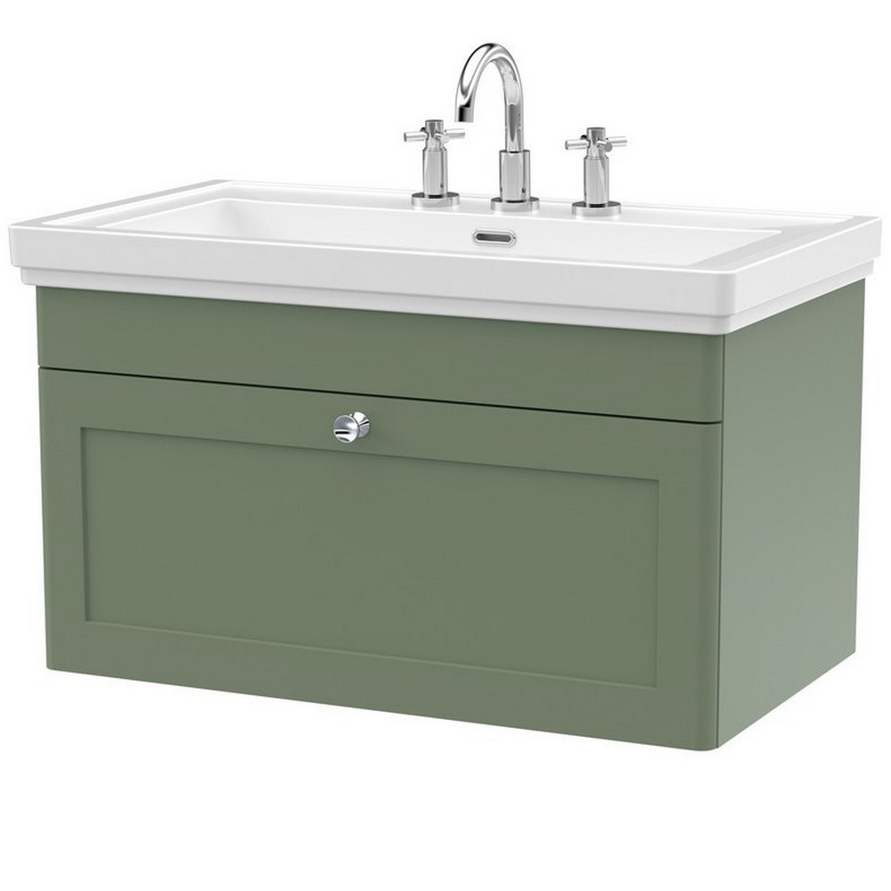 Nuie Classique 800mm Satin Green Wall Hung 3TH Vanity Unit (1)