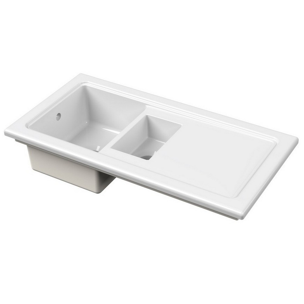 Nuie Countertop 1010 x 525mm White Fireclay 1.5 Bowl Kitchen Sink (1)