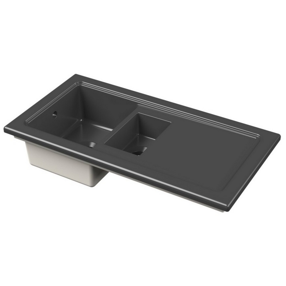 Nuie Countertop Matt Black 1010 x 525mm Fireclay 1.5 Bowl Kitchen Sink (1)