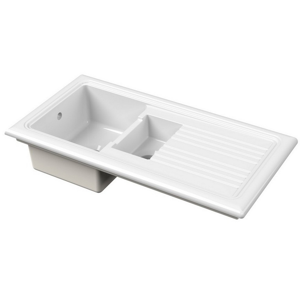 Nuie Countertop White 1010 x 525mm Fireclay 1.5 Bowl Kitchen Sink (1)