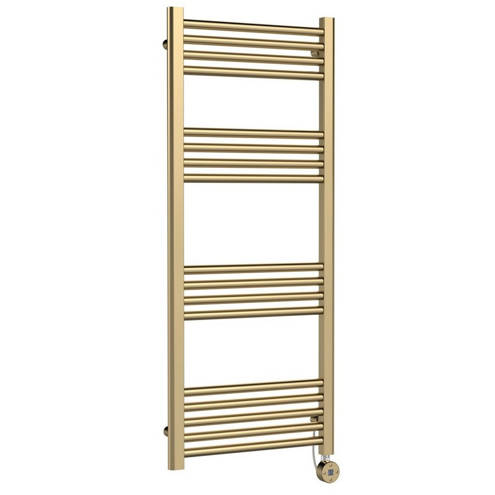 Nuie Electric Rounded 1200 x 500mm Flat Towel Rail in Brushed Brass (1)