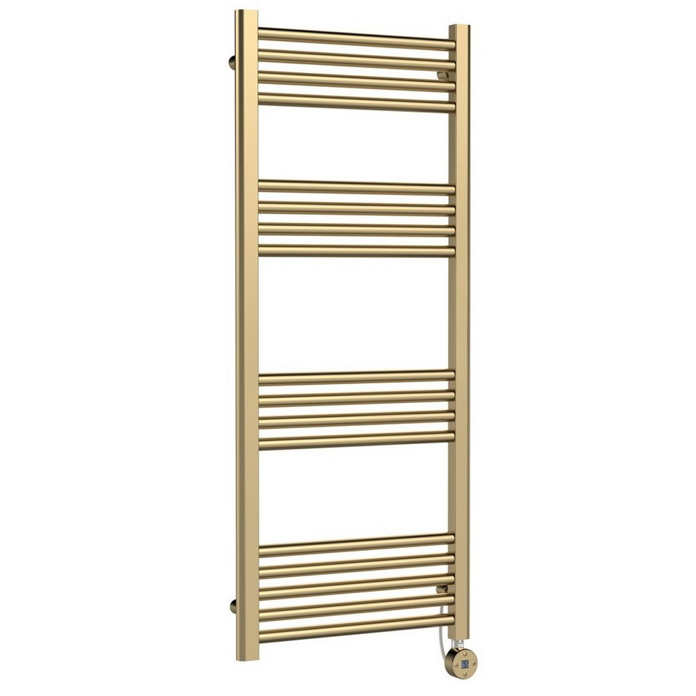 Nuie Electric Rounded 1200 x 500mm Flat Towel Rail in Brushed Brass