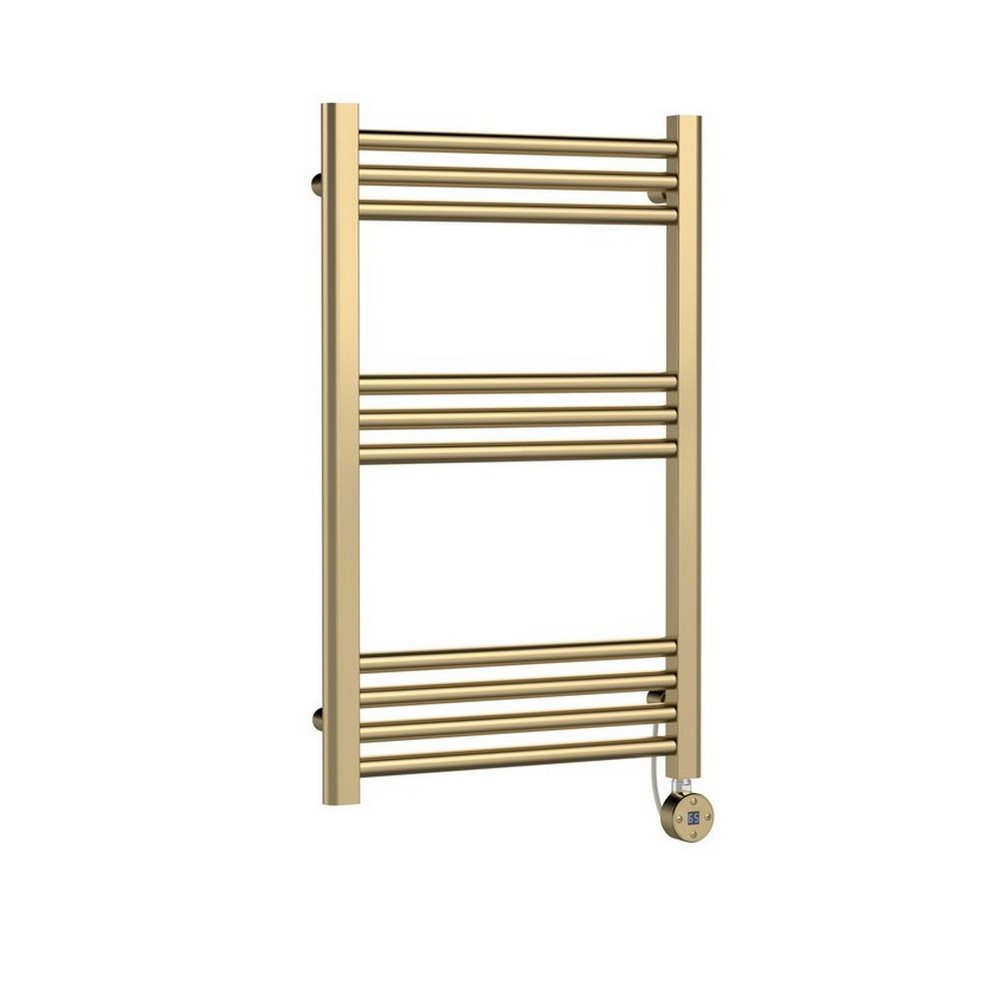 Nuie Electric Rounded 800 x 500mm Flat Towel Rail in Brushed Brass (1)