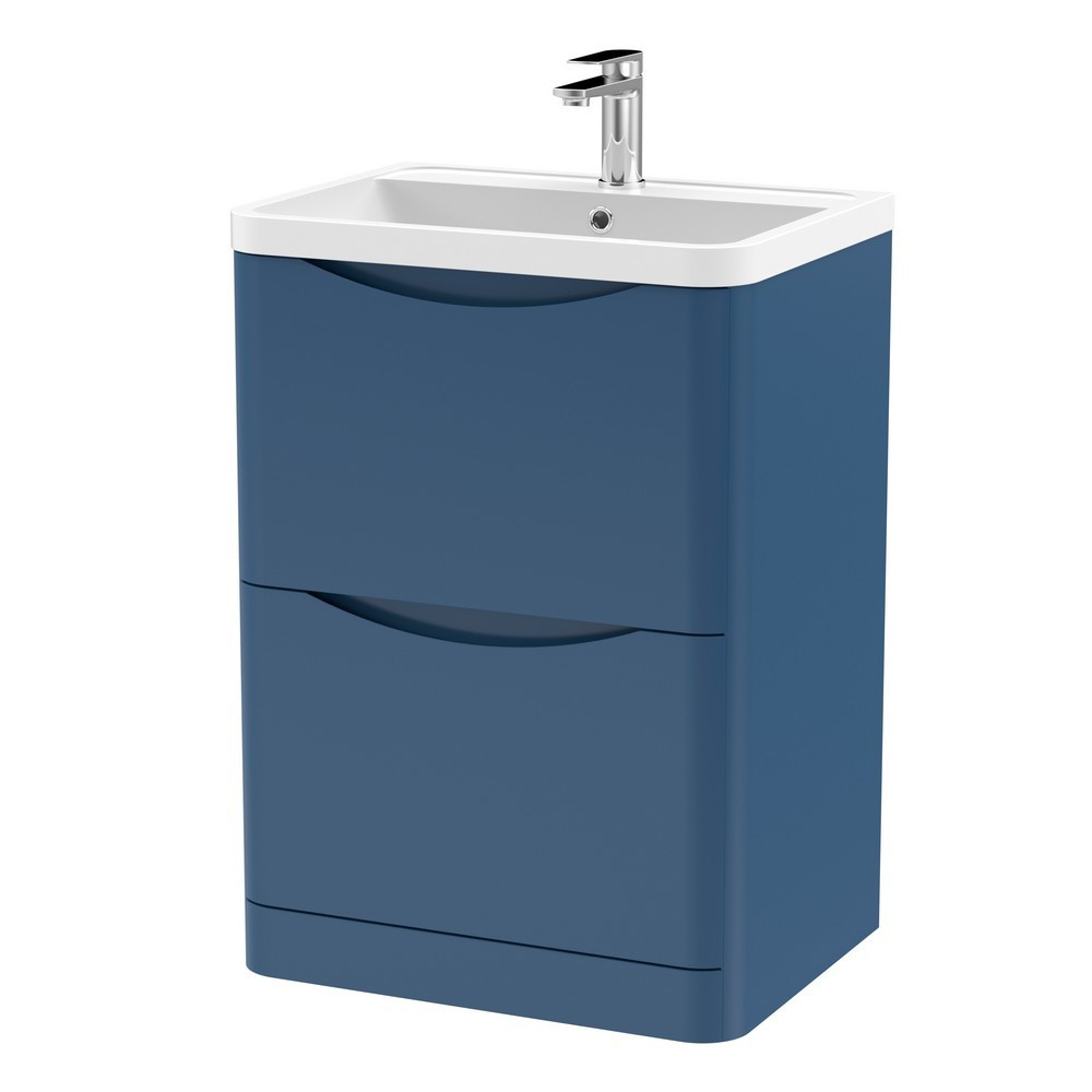 Nuie Lunar 600mm Satin Blue Two Drawer Floorstanding Vanity Unit with Basin