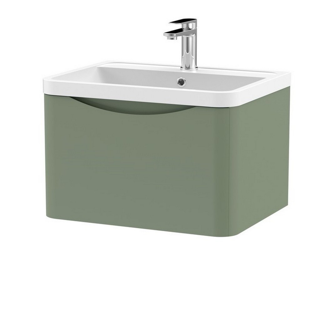 Nuie Lunar 600mm Satin Green One Drawer Wall Hung Vanity Unit with Basin