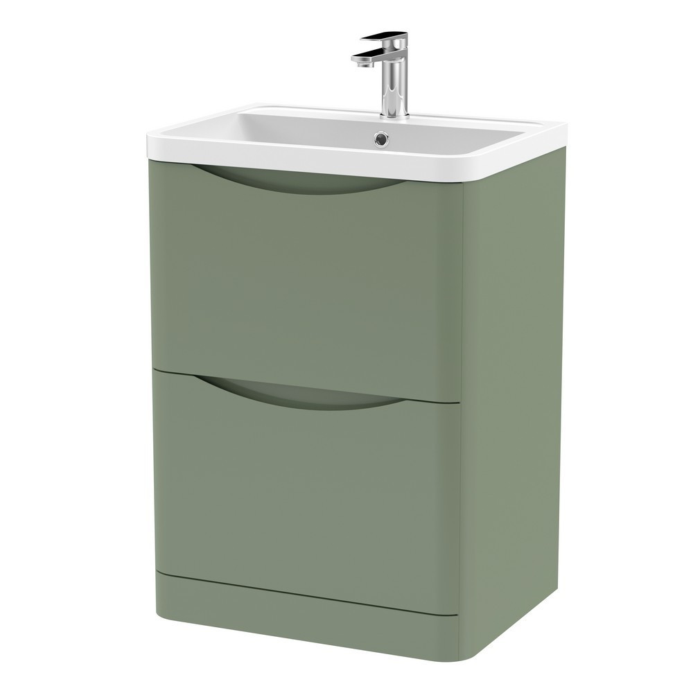 Nuie Lunar 600mm Satin Green Two Drawer Floorstanding Vanity Unit with Basin