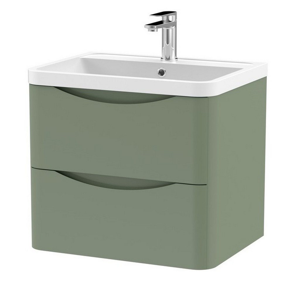 Nuie Lunar 600mm Satin Green Two Drawer Wall Hung Vanity Unit with Basin