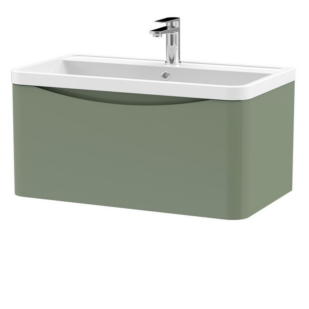 Nuie Lunar 800mm Satin Green One Drawer Wall Hung Vanity Unit with Basin