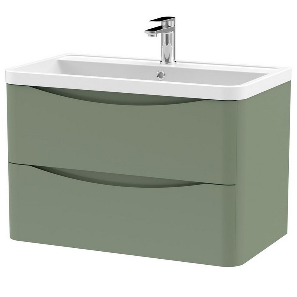 Nuie Lunar 800mm Satin Green Two Drawer Wall Hung Vanity Unit with Basin