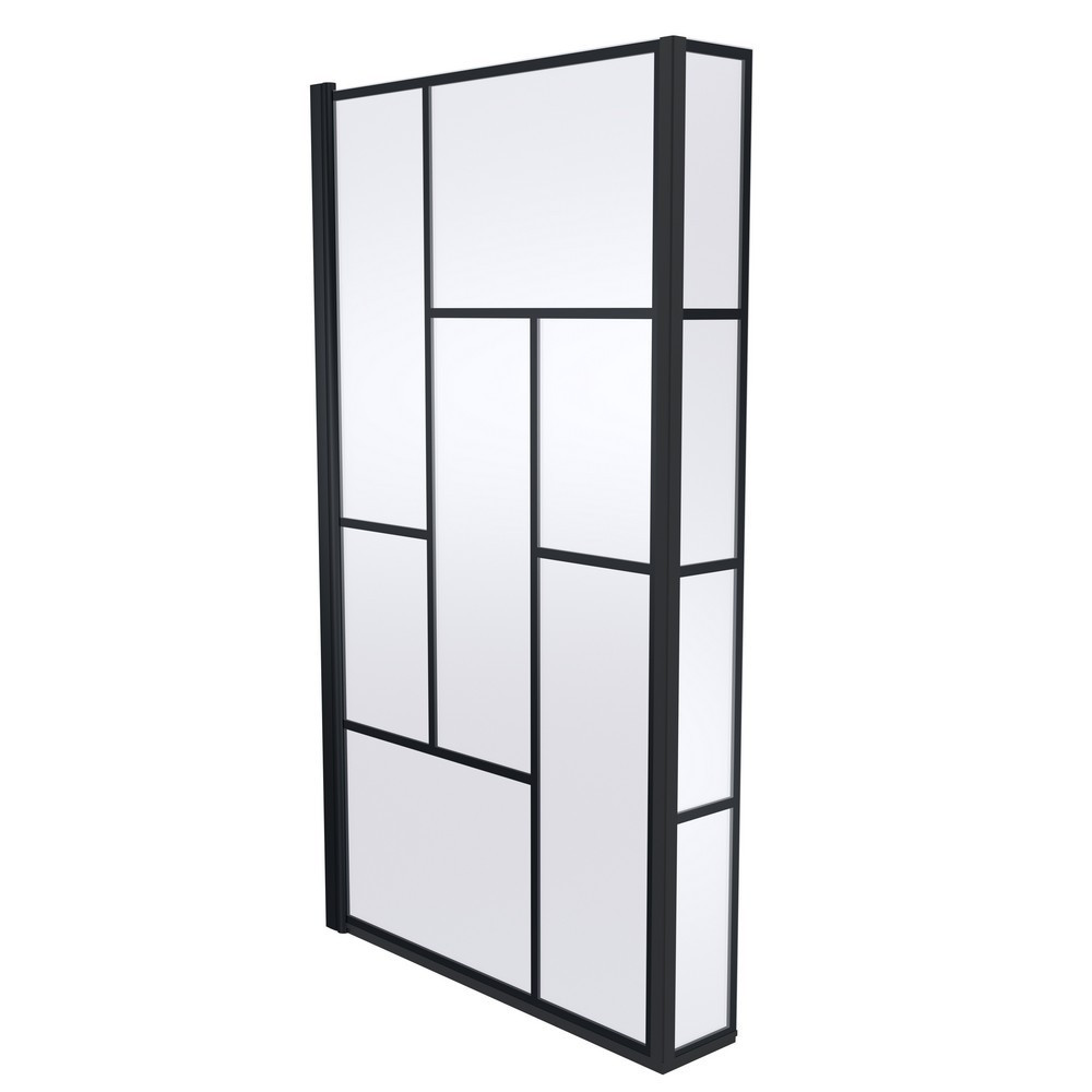 Nuie Pacific Satin Black Abstract L-Shaped Hinged Bath Screen with Fixed Return (1)