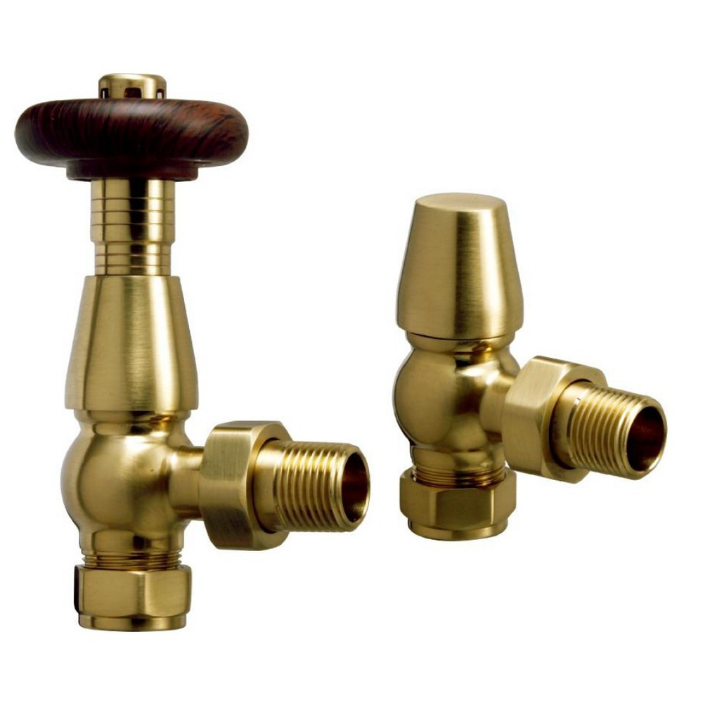 Redroom Angled Thermostatic Brushed Brass Traditional Radiator Valve Pack