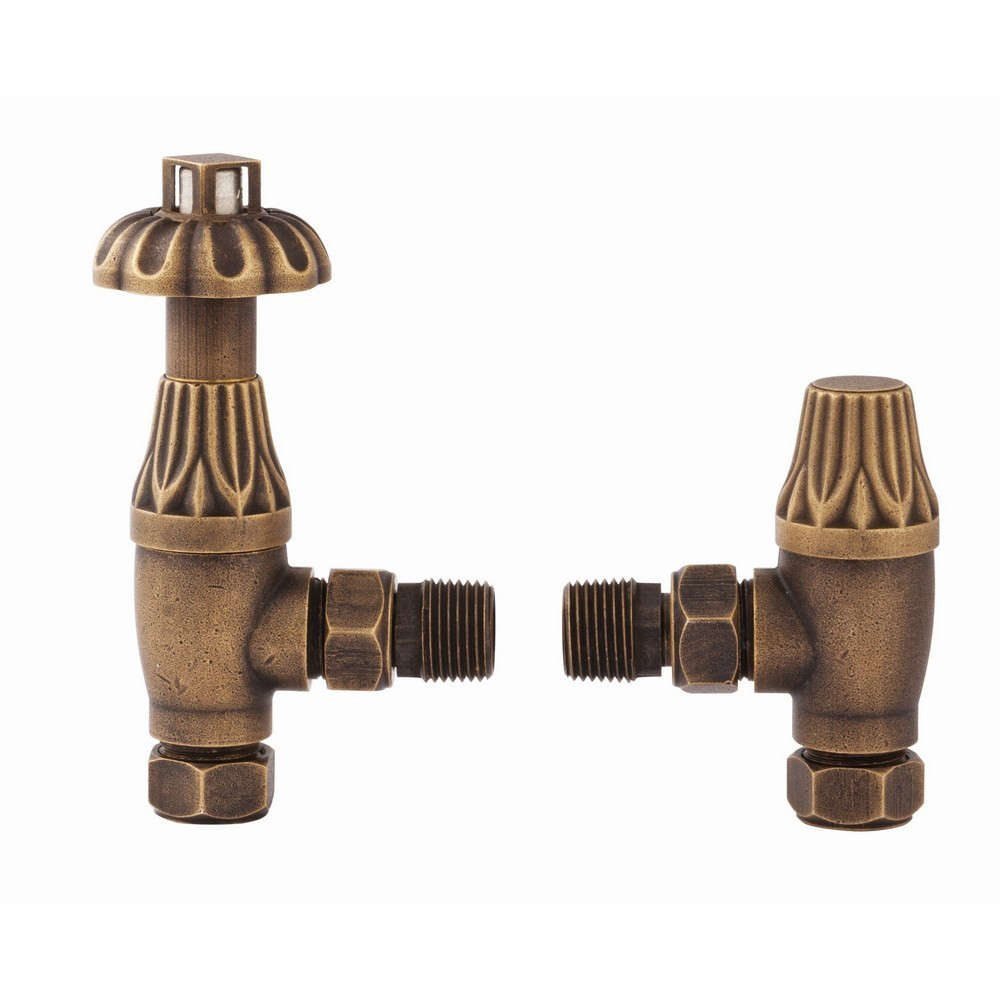 Vantara Angled Thermostatic Antique Brass Traditional Radiator Valve Pack