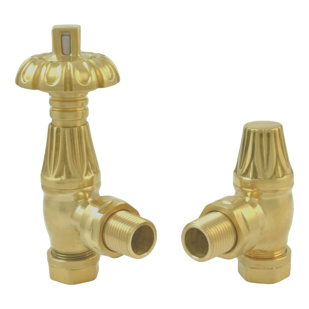 Redroom Straight Thermostatic Brushed Brass Traditional Radiator Valve Pack