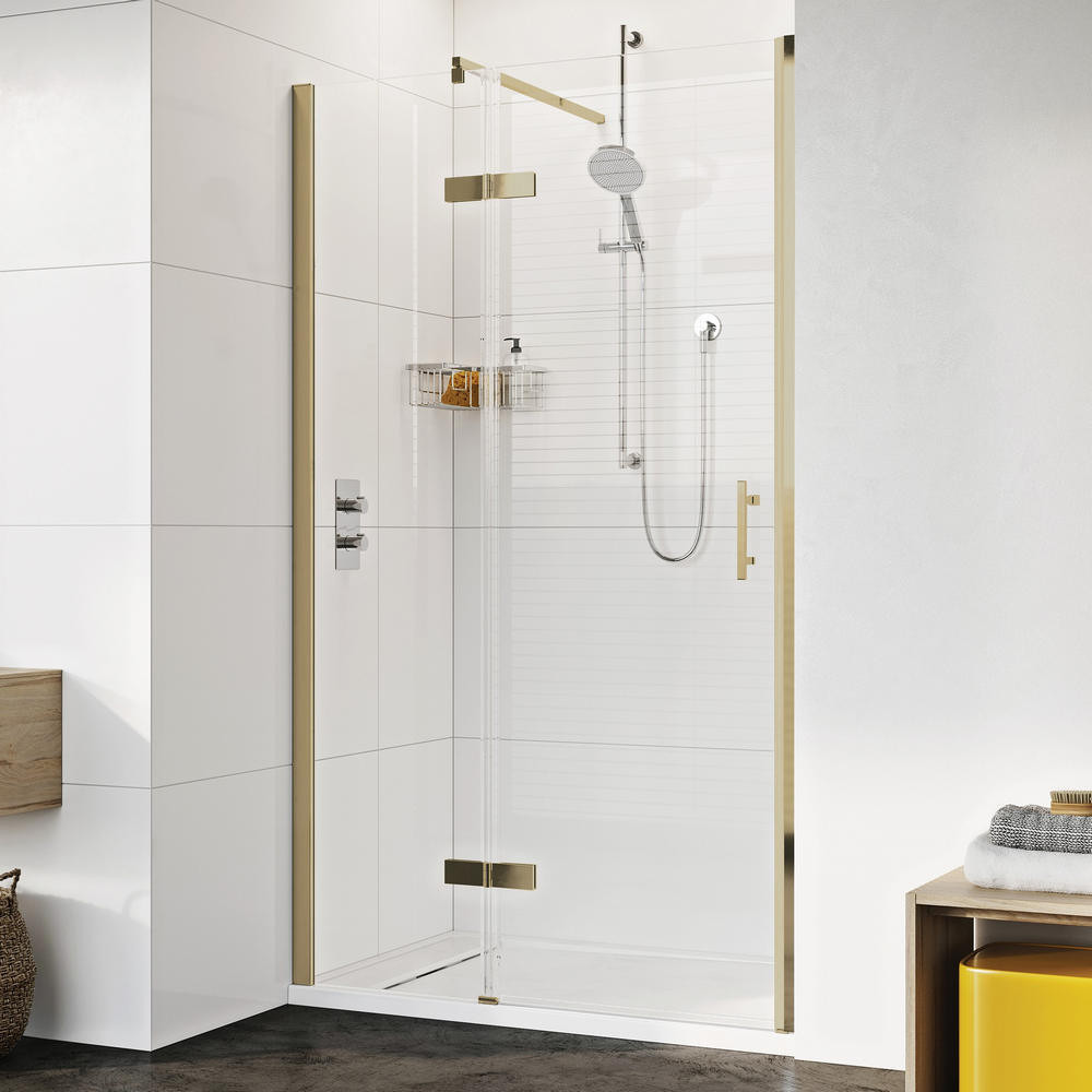 Roman Innov8 1200 x 900mm Hinged Door and Inline Panel Brushed Brass Corner Fitting