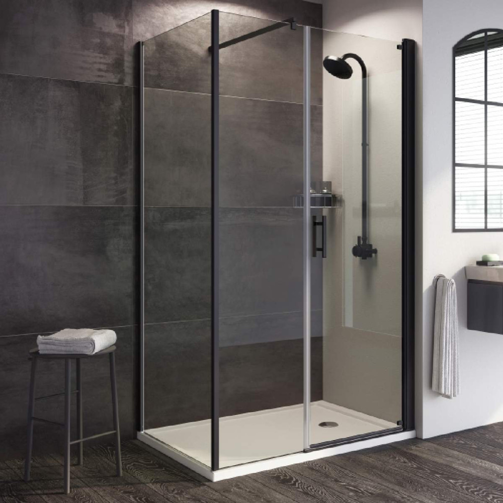 Roman Innov8 Matt Black 1200 x 900mm Corner Pivot Shower Door and Inline Panel