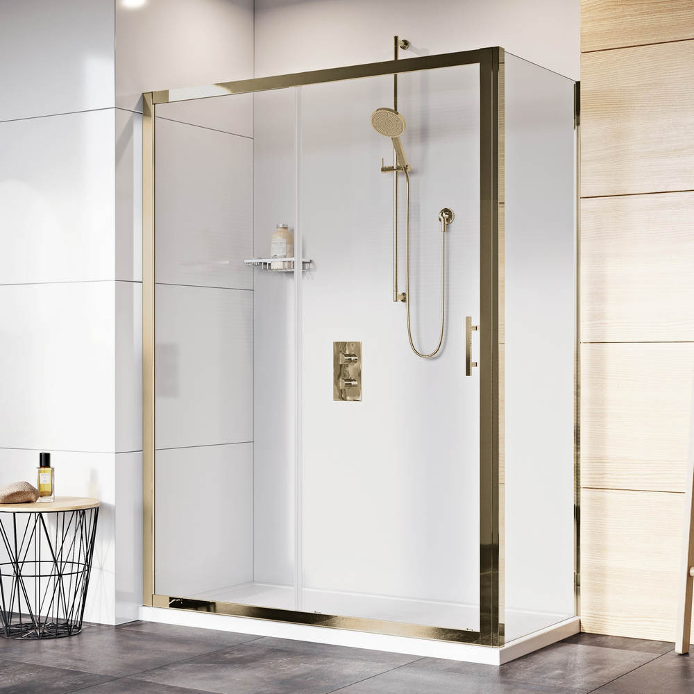 Roman Innov8 1500 x 800mm Sliding Shower Door Brushed Brass Corner Fitting