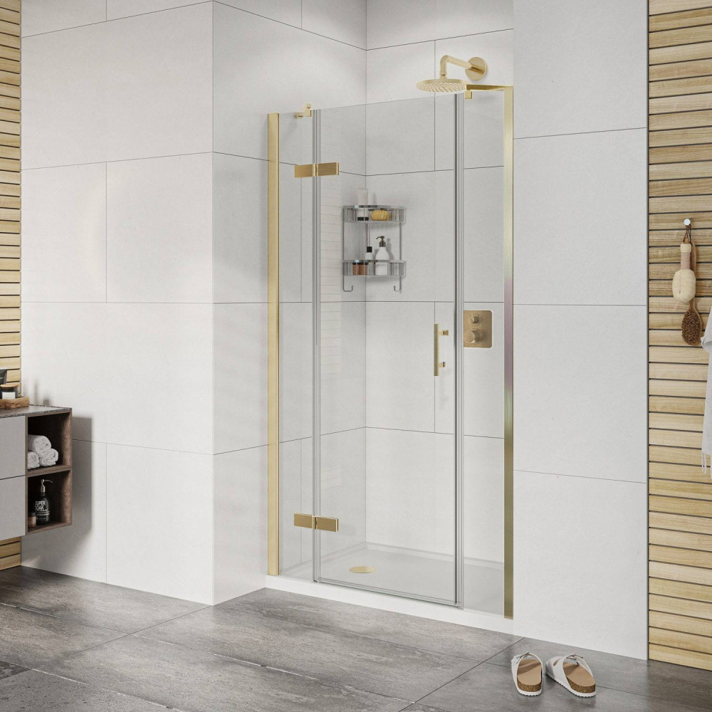 Roman Innov8 1400mm Hinged Door and Two Inline Panels Brushed Brass Alcove Fitting