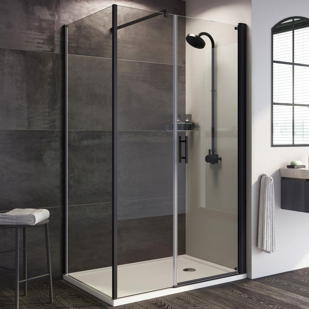 Roman Innov8 Matt Black 1400 x 800mm Corner Pivot Shower Door and Inline Panel