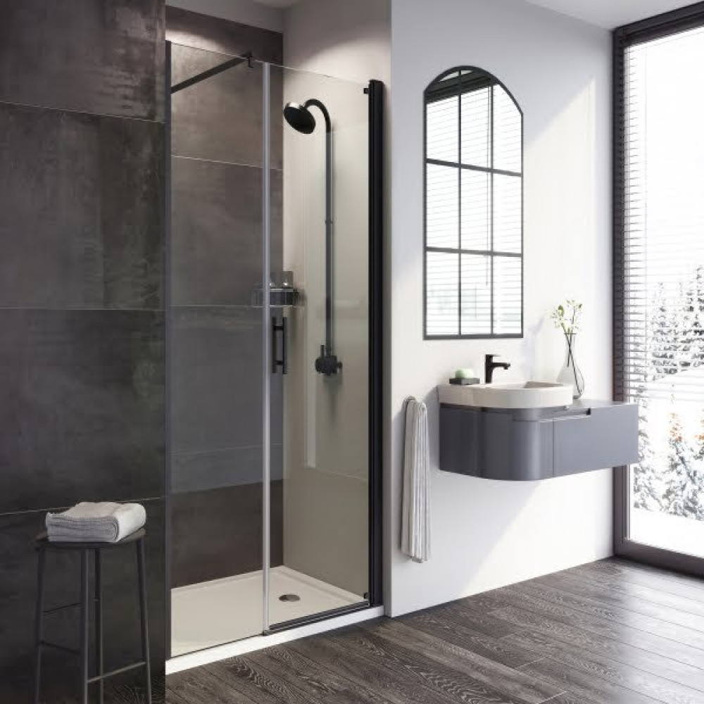 Roman Innov8 Matt Black 1500mm Alcove Pivot Shower Door and Inline Panel