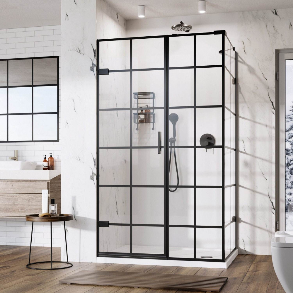 Roman Liberty 10mm Black Grid 1400 x 900mm Left Hand Corner Hinged Inline Door and Side Panel