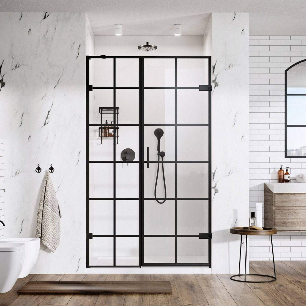 Roman Liberty 10mm Black Grid 900mm Right Hand Alcove Hinged Door and Inline Panel