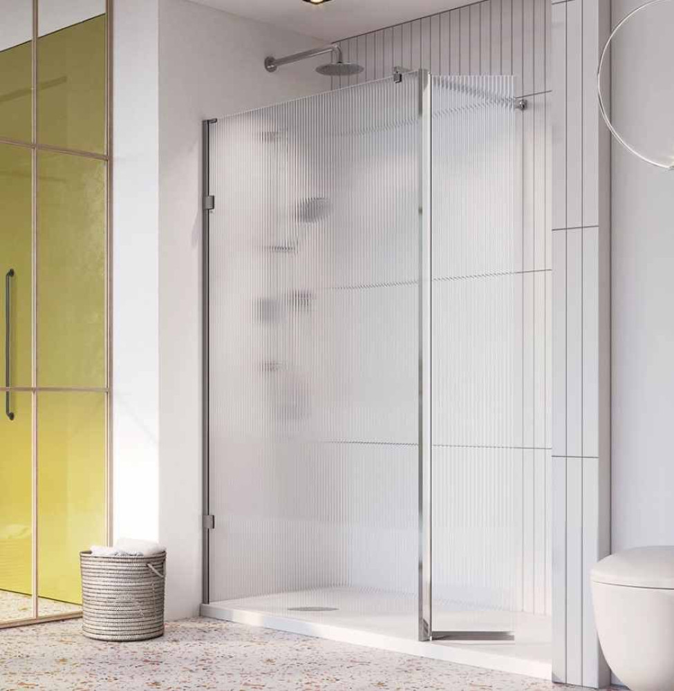 Roman Liberty 857mm 8mm Fluted Glass Wetroom Corner Panel in Chrome