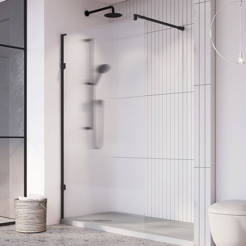Roman Liberty 1157mm 8mm Fluted Glass Wetroom Corner Panel in Matt Black