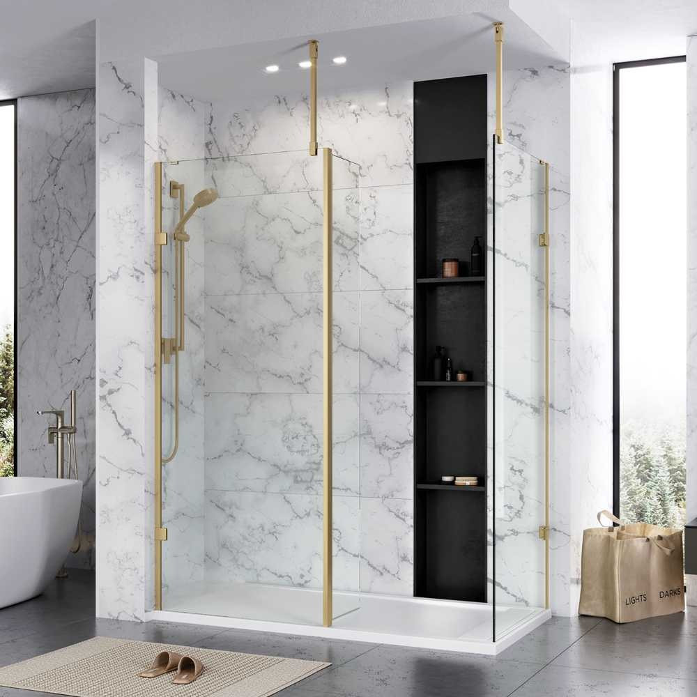 Roman Liberty 757mm Brushed Brass 10mm Clear Glass Corner Wetroom Panel
