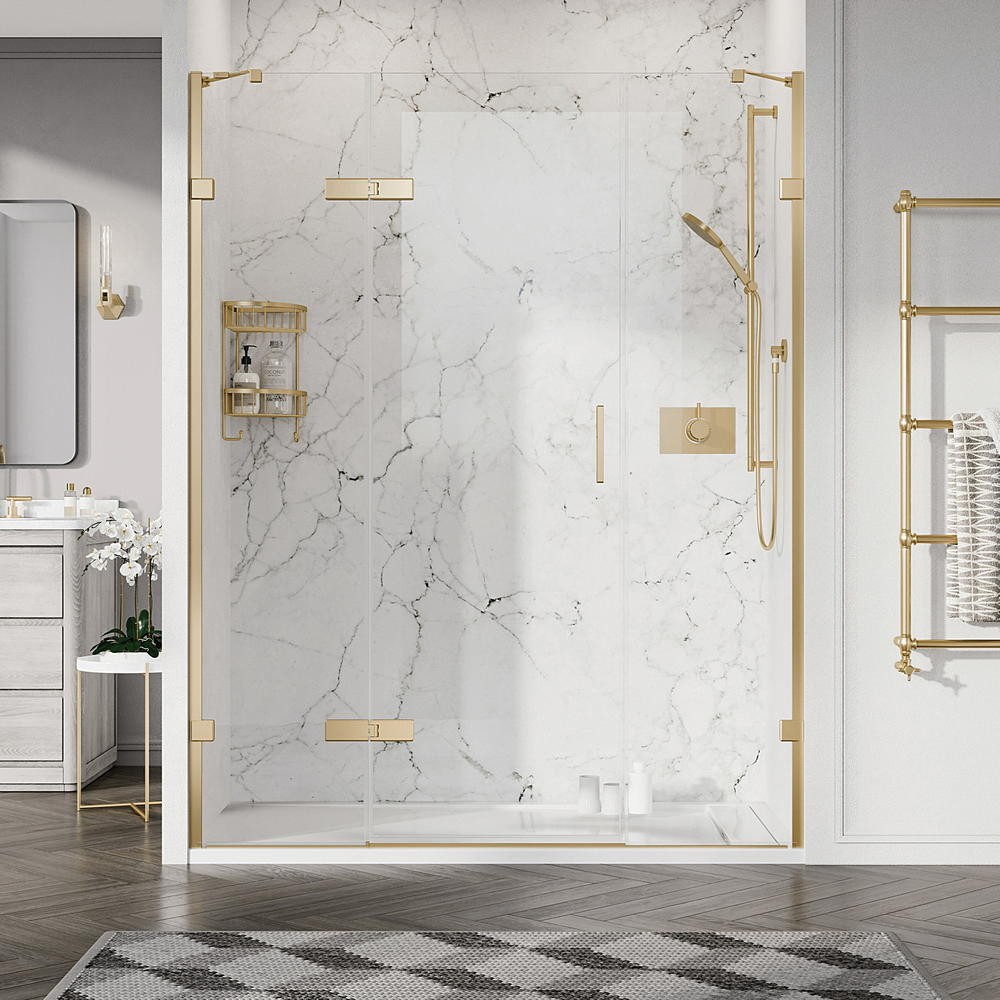 Roman Liberty 8mm Alcove 1400mm Hinged Shower Door with Two Inline Panels in Brushed Brass