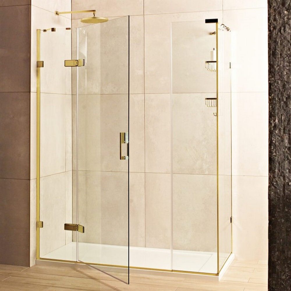 Roman Liberty 8mm Corner 1200 x 900mm Hinged Shower Door with Two Inline Panels and Side Panel in Brushed Brass