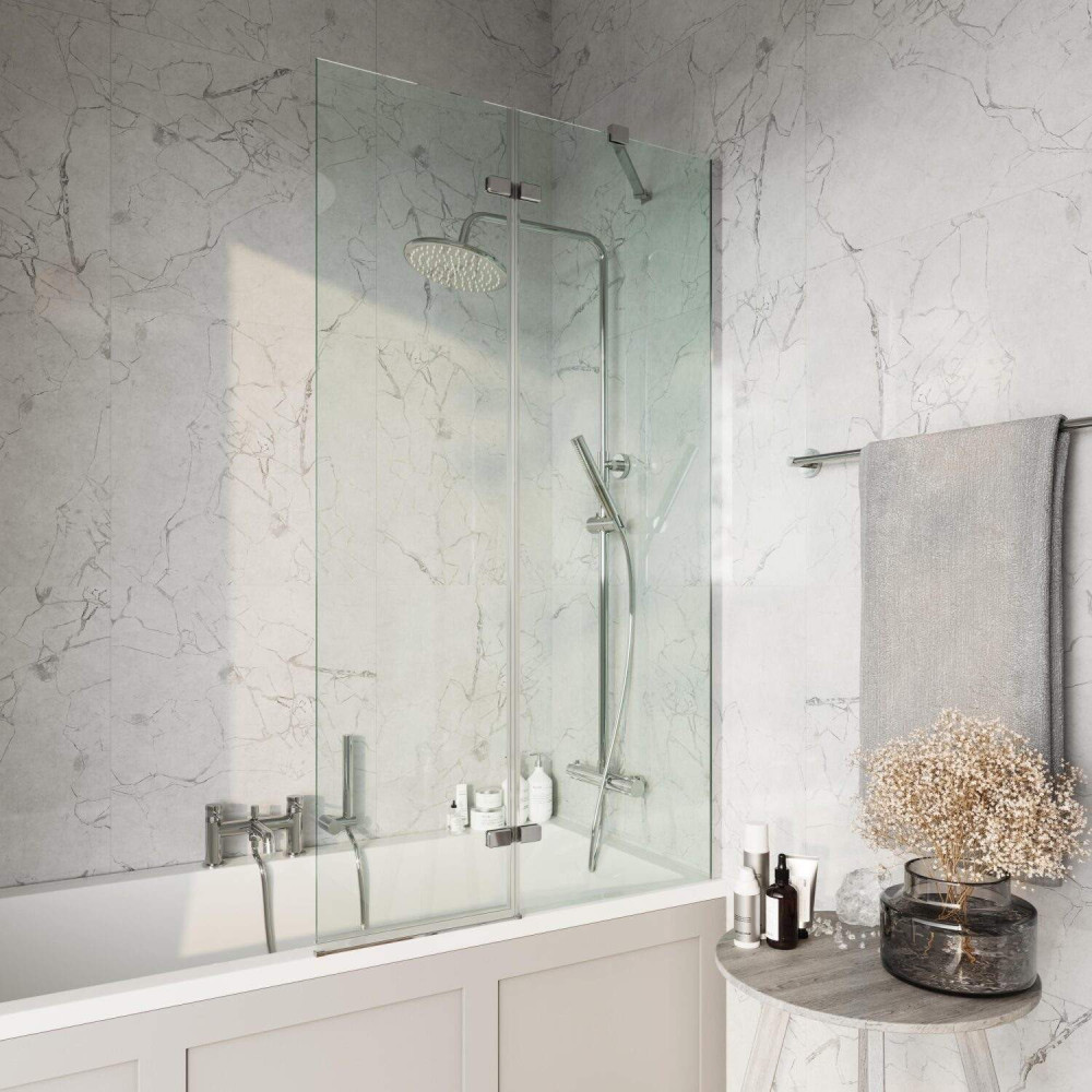 Scudo Chrome 900mm Square Pivot Bath Screen and Fixed Panel