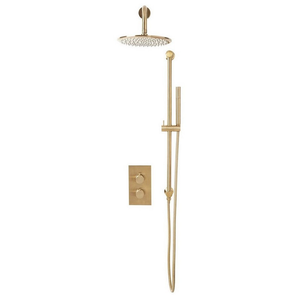 Scudo Core Brushed Brass Concealed Valve with Riser Kit and Fixed Showerhead (1)