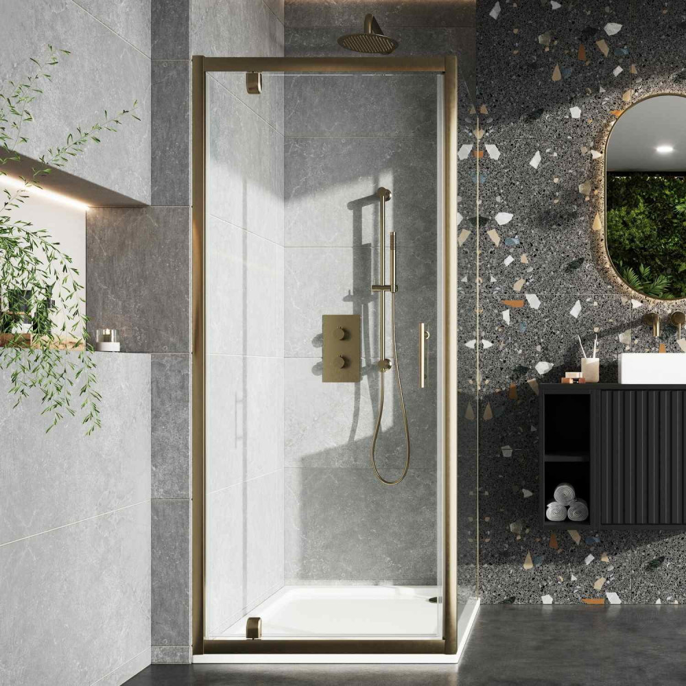 Scudo S6 900mm Pivot Shower Door in Brushed Brass