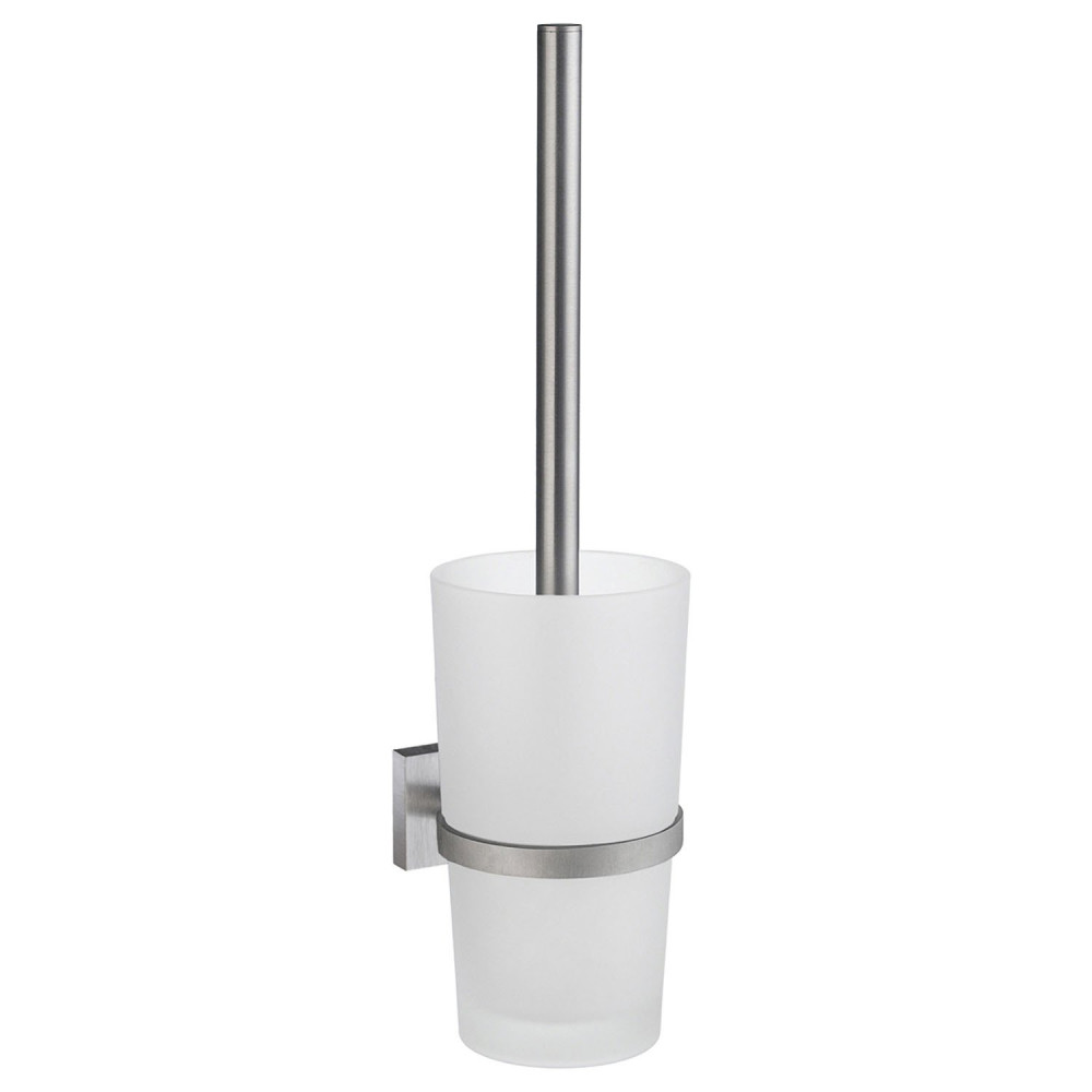 Smedbo House Toilet Brush Holder in Brushed Chrome & Frosted Glass Container