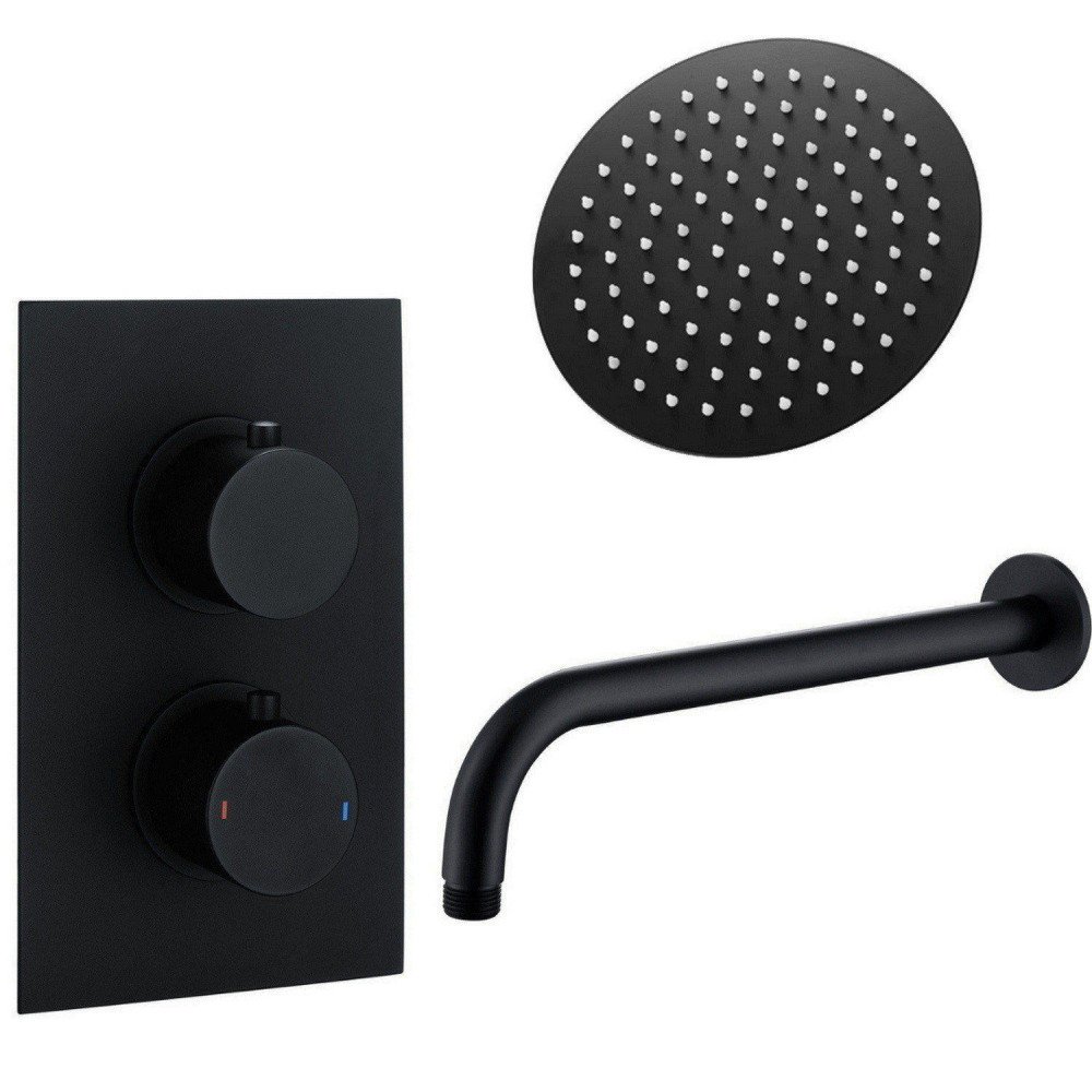 Vantara Stellar Black Round Concealed Thermostatic Shower Valve and Fixed Head