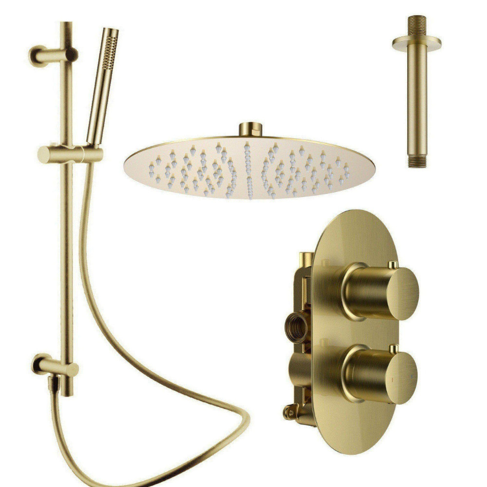 Vantara Stellar Brushed Brass Concealed Thermostatic Valve with Ceiling Head and Slide Rail