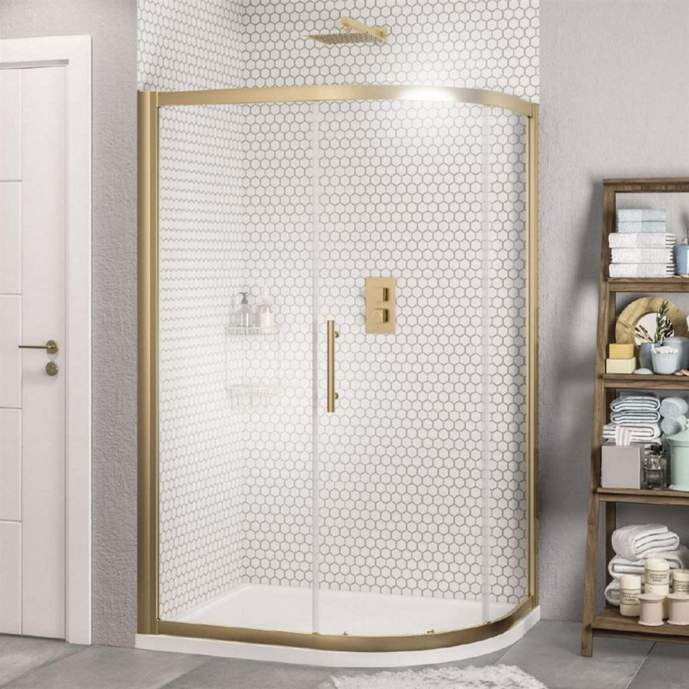 Volente Brushed Brass 900 x 800mm Single Door Offset Quadrant Shower Enclosure