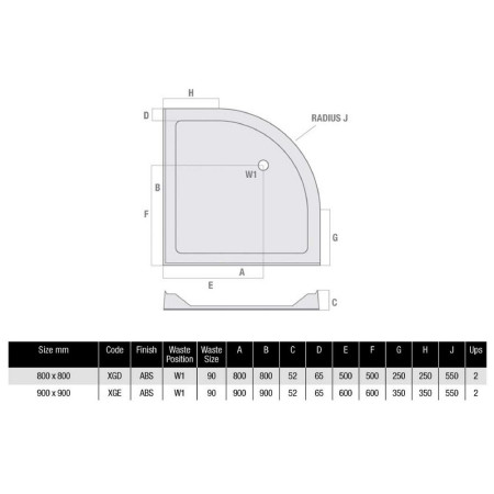 XGD MX Ducostone 800 x 800mm Quadrant Low Profile Shower Tray with Upstands Waste Position