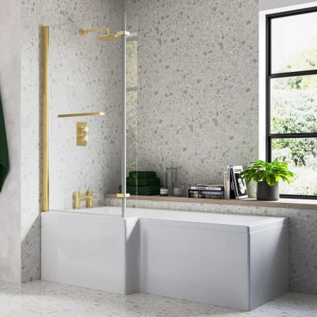 Ajax 1500mm Brushed Brass 6mm L Shaped Bath Screen
