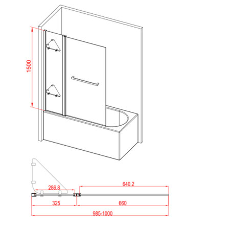 AJAX3775 Ajax 1500mm Chrome Two Panel Folding 6mm Bath Screen Line Drawing
