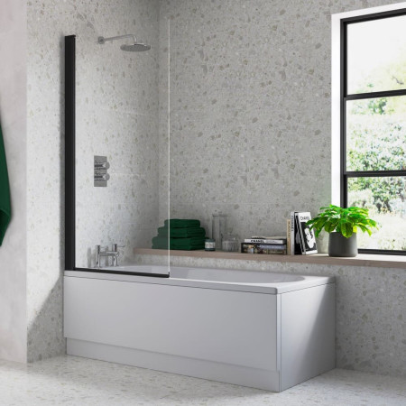 AJAX104939 Ajax 1500mm Matt Black 6mm Single Straight Bath Screen Lifestyle